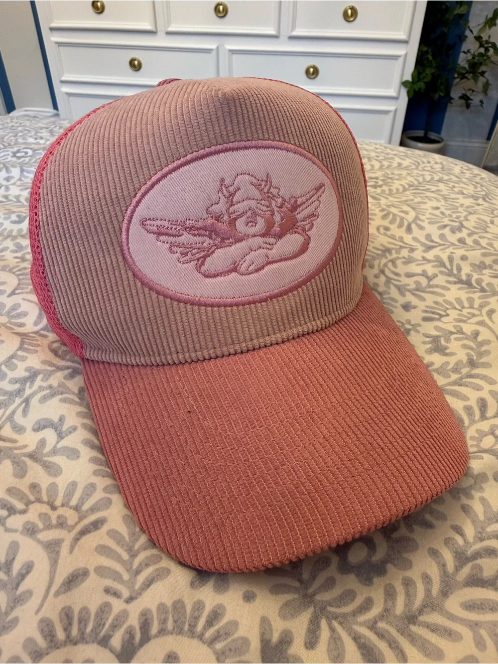 Boys Lie Pink Corduroy Trucker Hat with Angel Patch - Picture 1 of 3